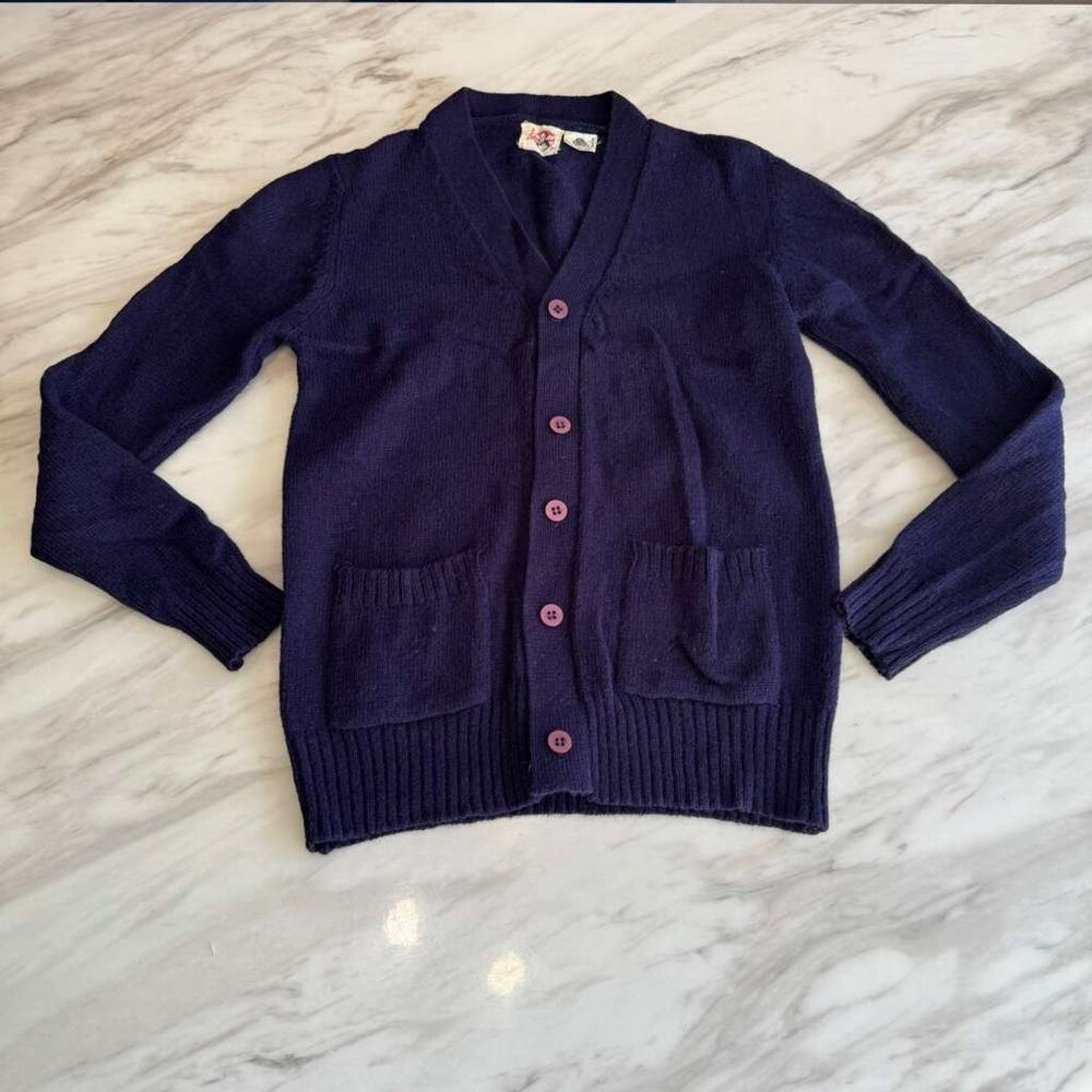 True VTG 70/80s 100% Pure New Wool Cardigan Sweater Navy Blue Button Front S/M 3